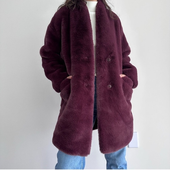 ABERCROMBIE & Fitch burgundy maroon red faux fur shearling coat cozy S y2k - Picture 2 of 13